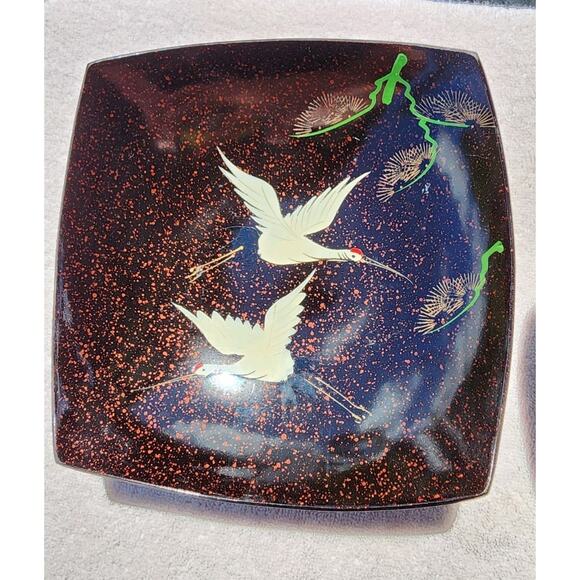 Set Of 2 Lacquer Square Plate Dishes Omachang Double Flying Crane Bamboo Asian - Picture 7 of 7